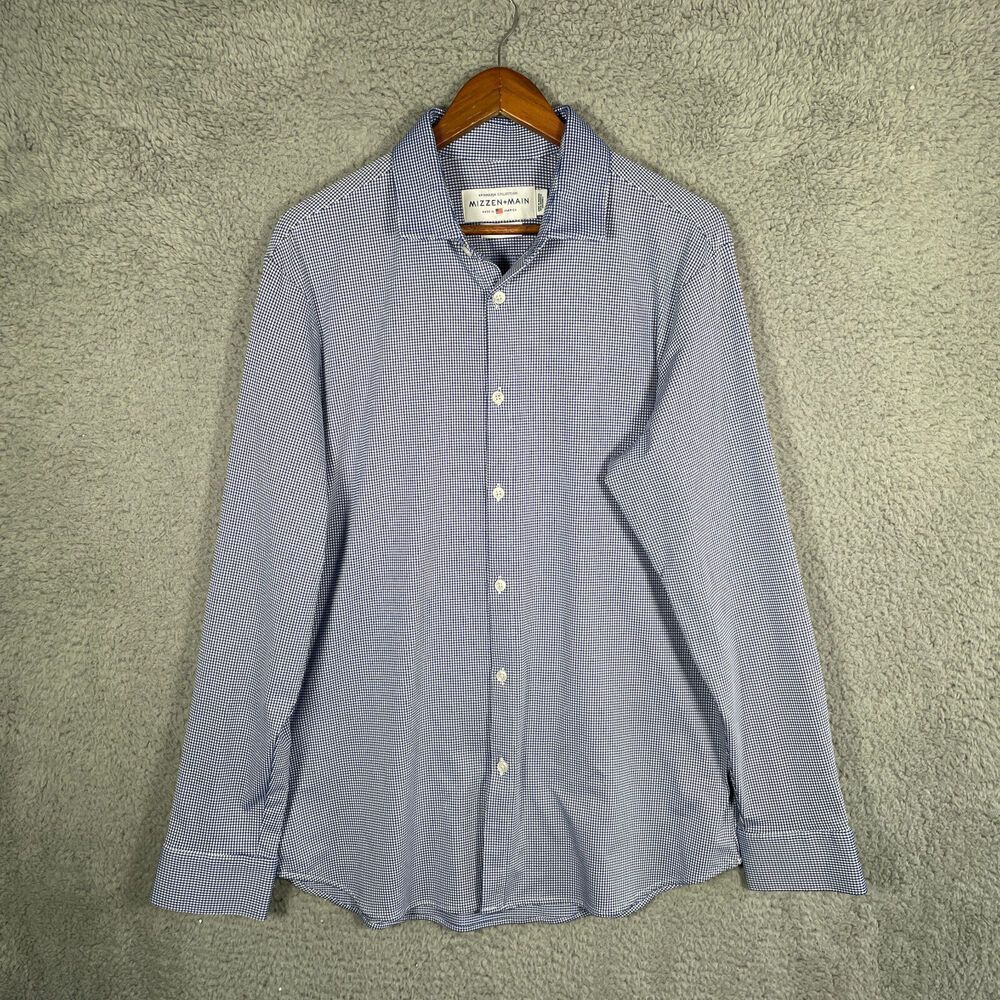 Mizzen Main Spinnaker Shirt Mens XL Trim Fit Gingham Check Blue Stretch